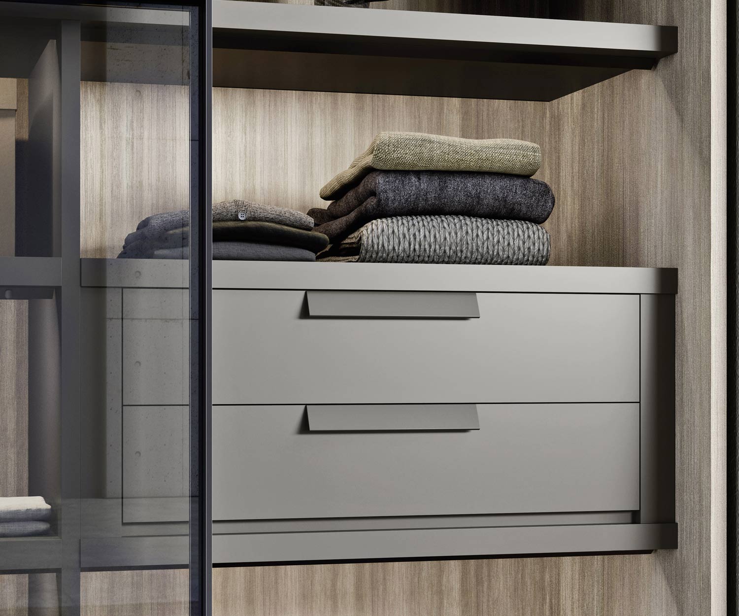 Novamobili Armoire Layer avec tiroirs lorsque la porte coulissante est ouverte Novamobili Armoire Layer avec tiroirs lorsque la porte coulissante est ouverte