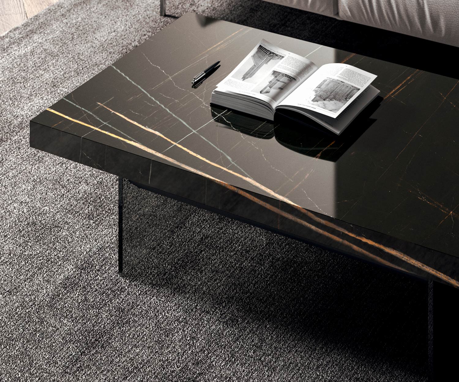Détail du plateau de table Noir brillant Marbre Verre de Ozzio Table basse Bellagio