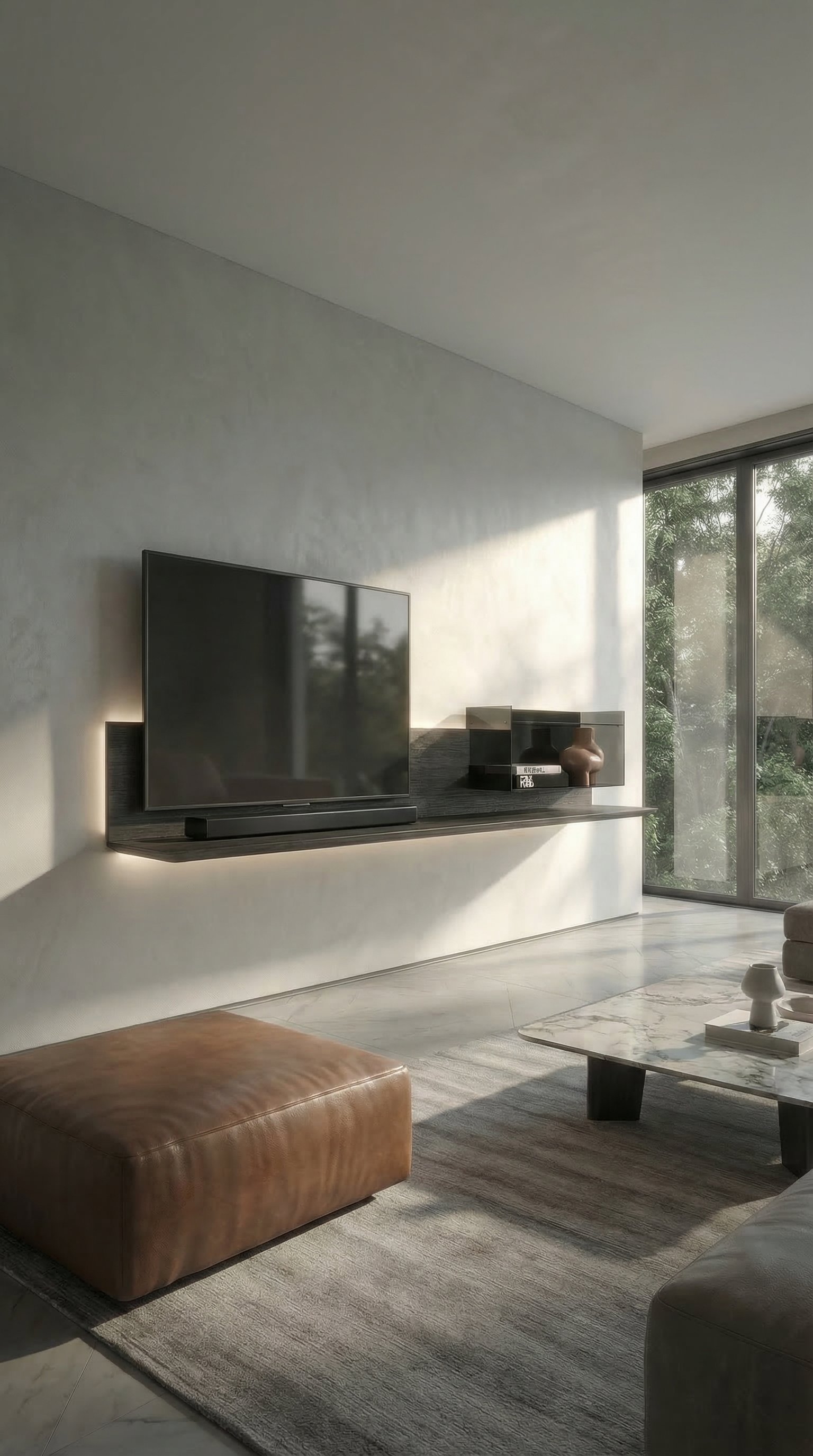 Un meuble TV mural suspendu et sombre en chêne Carbone dans un salon lumineux et moderne avec de grandes baies vitrées. Un meuble TV mural suspendu et sombre en chêne Carbone dans un salon lumineux et moderne avec de grandes baies vitrées.