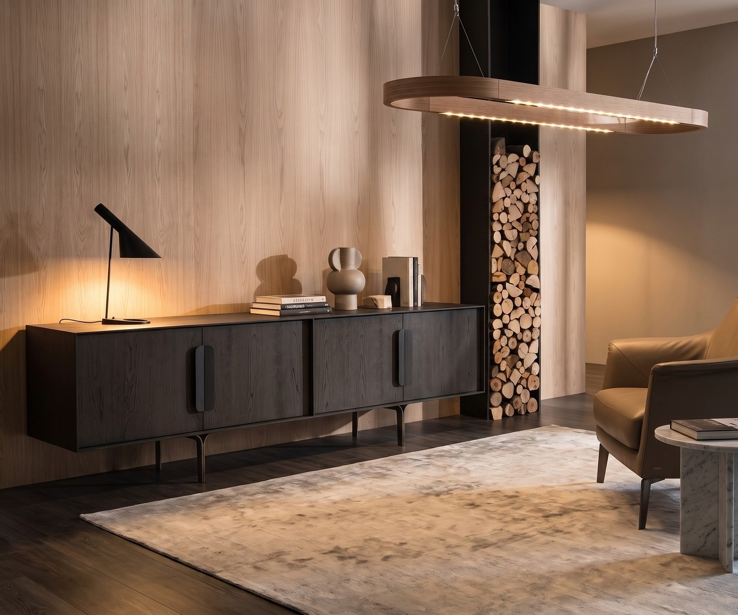 Buffet design al2 Mobius 003 en chêne foncé Buffet design al2 Mobius 003 en chêne carbone foncé pour le salon, créant une ambiance moderne et chaleureuse.