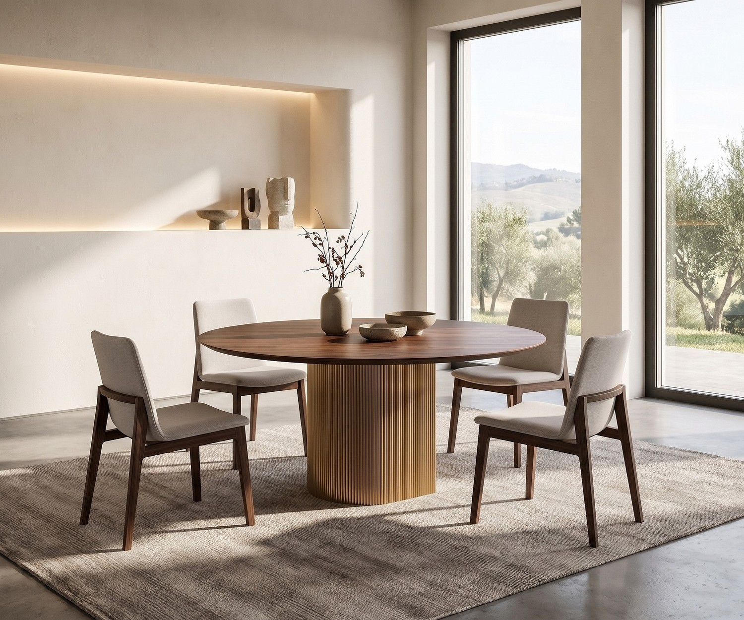 Table à manger ronde al2 dakry br 001 avec pied central cannelé Table à manger ronde al2 dakry br 001 pour salle à manger moderne, plateau marbre blanc et pied central doré cannelé.