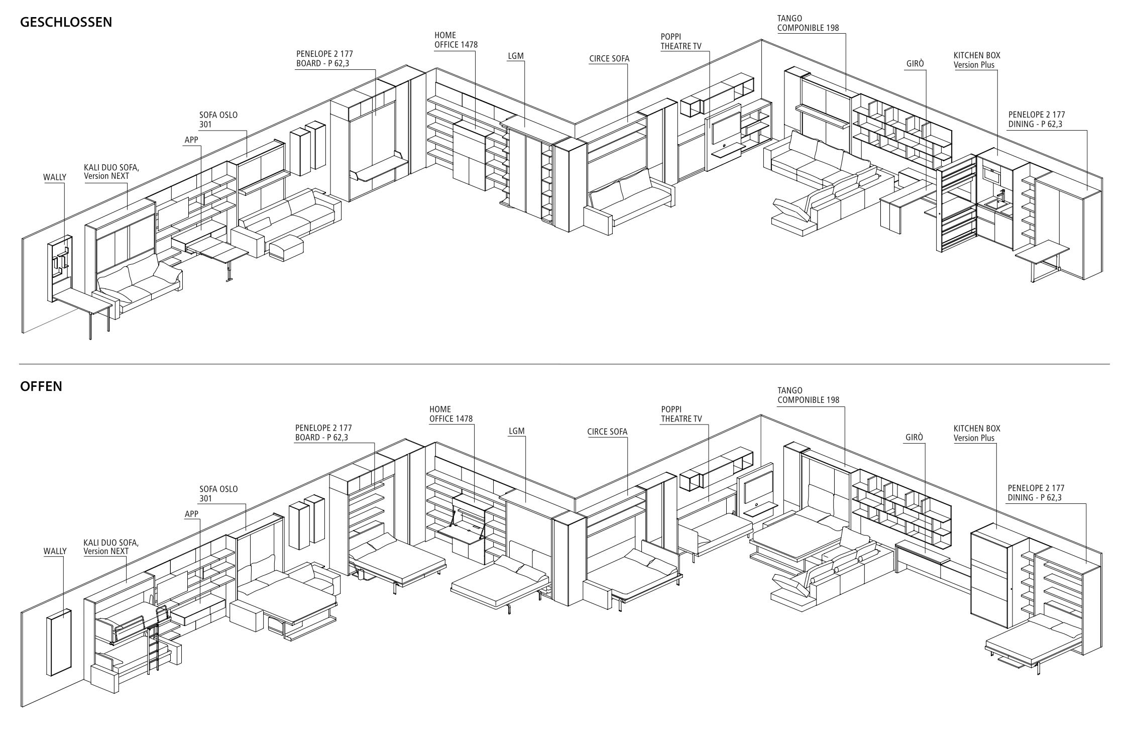 Le système modulaire de Clei permet d'ajouter d'autres accessoires adaptés au lit escamotable