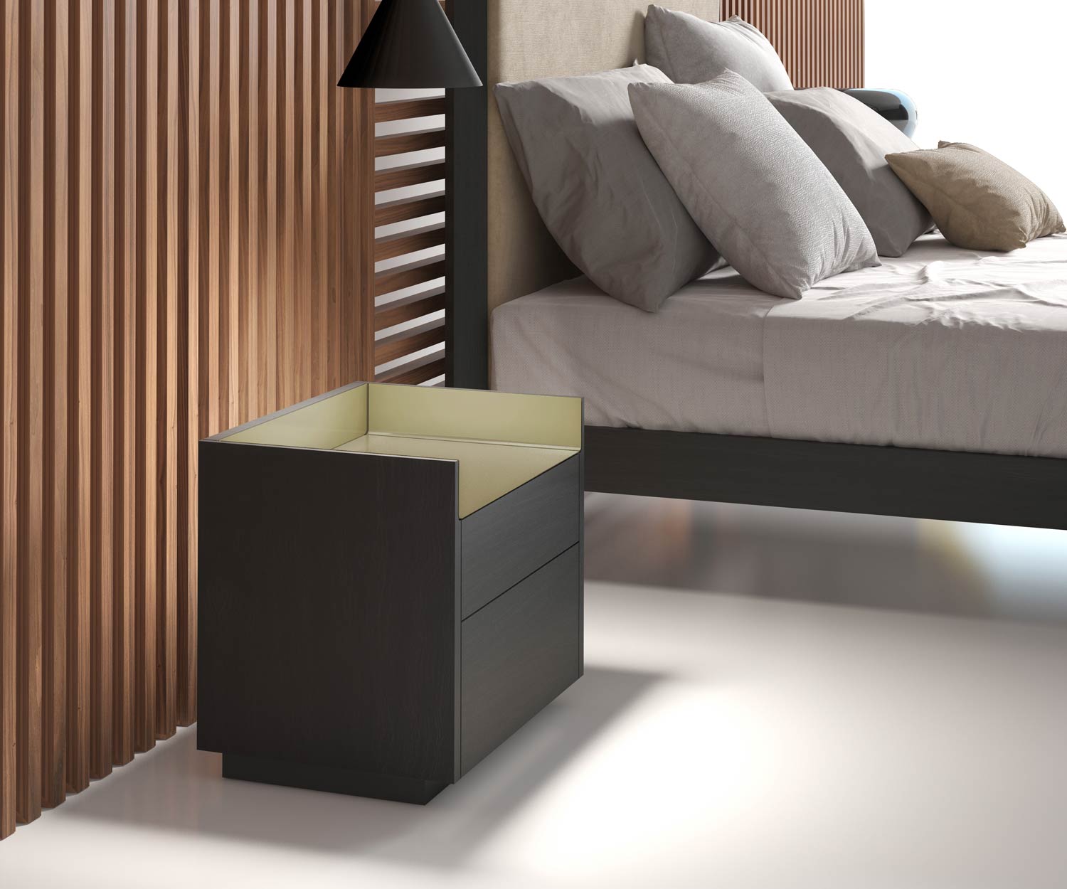Table de chevet design exclusive avec lampe de chevet plaquée à côté du lit dans la chambre à coucher Table de chevet design exclusive avec lampe de chevet plaquée à côté du lit dans la chambre à coucher