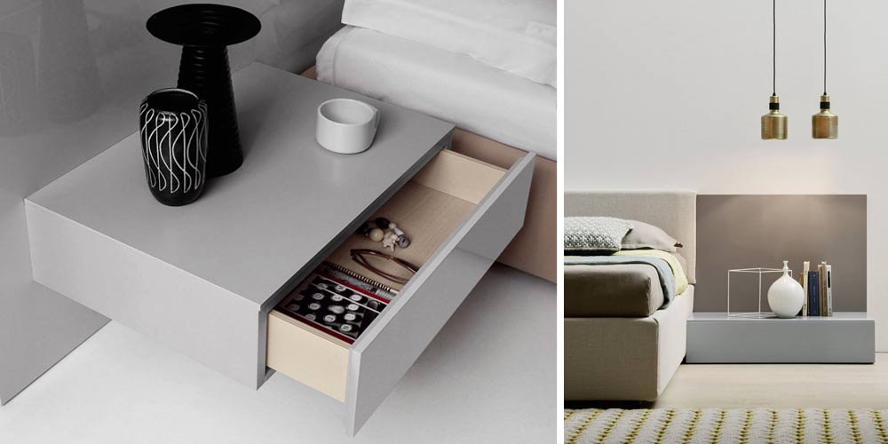 La table de chevet Easy peut être positionnée à la bonne hauteur à côté du lit boxspring en étant suspendue.