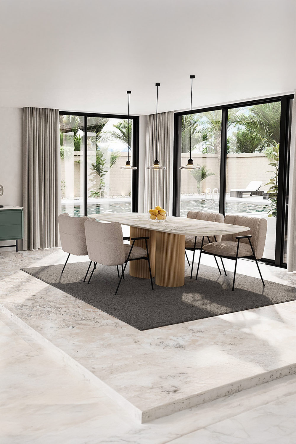 table &agrave; manger avec structure marquante et plateau d&eacute;licat, compl&eacute;t&eacute;e par des chaises de salle &agrave; manger aux pieds filigranes et assise rembourr&eacute;e