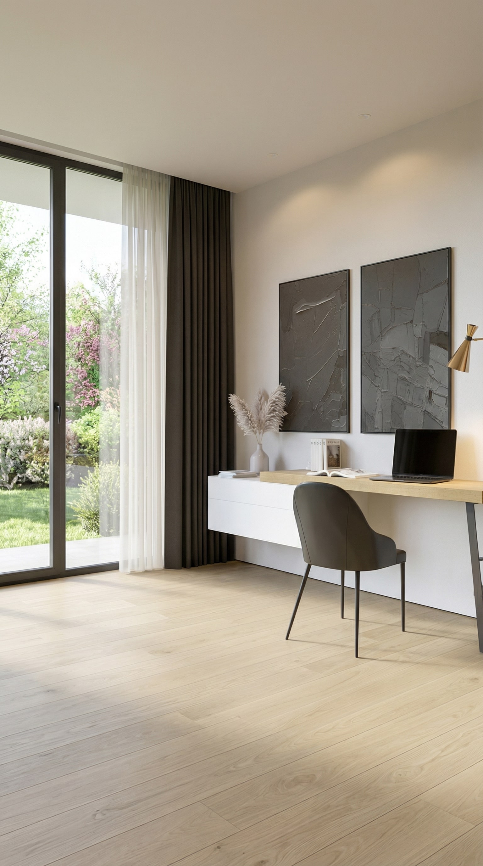 Commode murale blanche suspendue avec un plateau en bois dans une pièce lumineuse Commode murale blanche suspendue avec un plateau en bois dans une pièce lumineuse