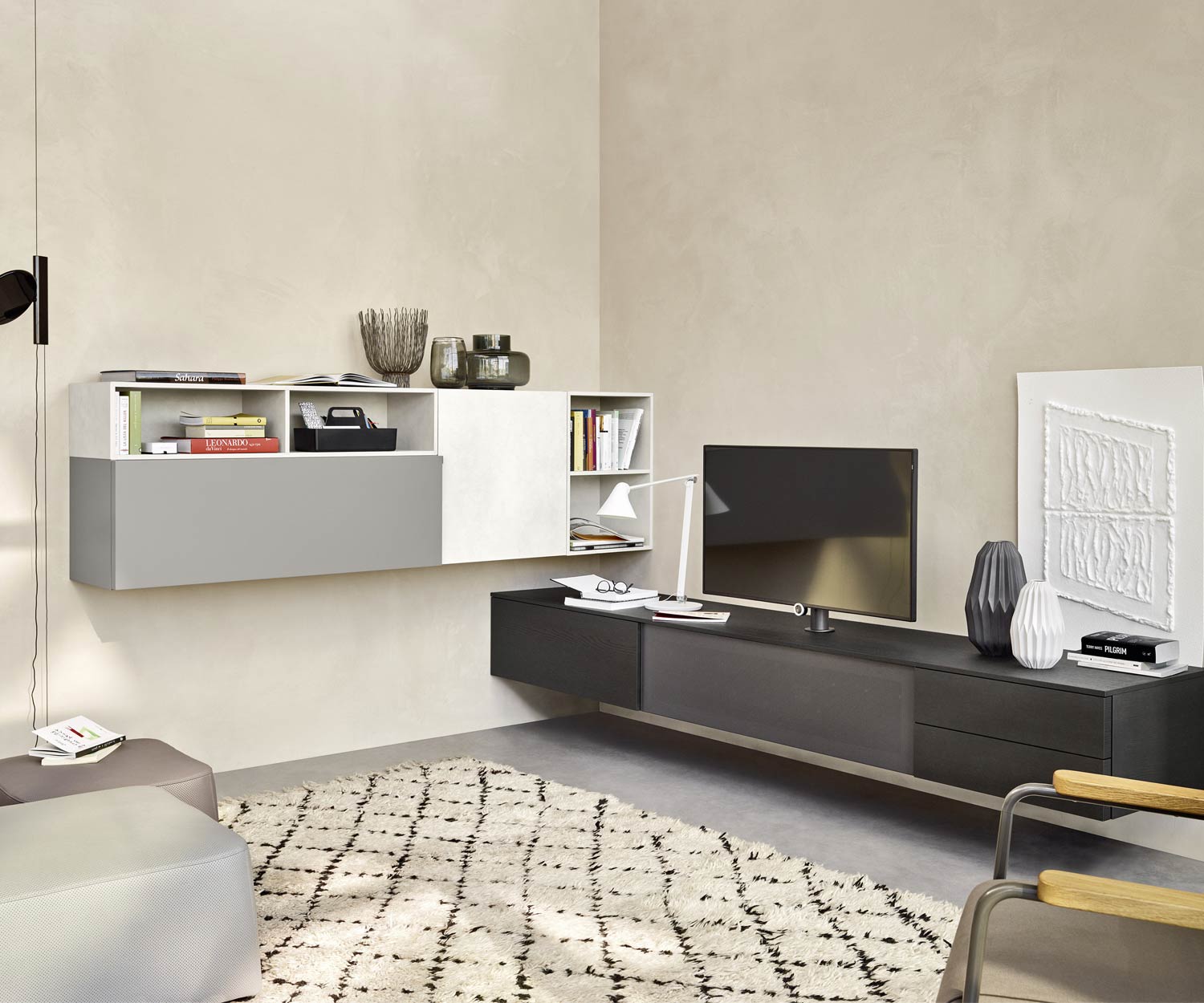 Livitalia Meuble-paroi design C51 Paroi d'angle en plaqué chêne teinté foncé