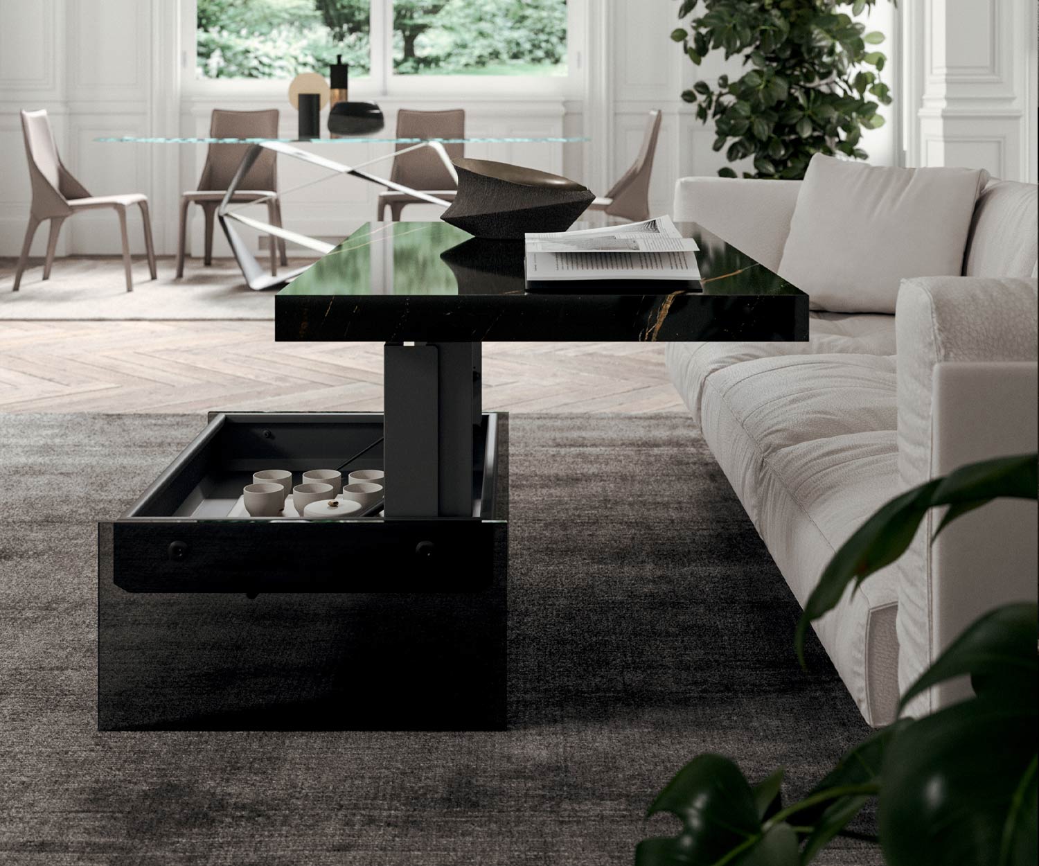 Table basse Bellagio Plateau de table en marbre Verre relevé Compartiment de rangement Table basse Bellagio Plateau de table en marbre Verre relevé Compartiment de rangement