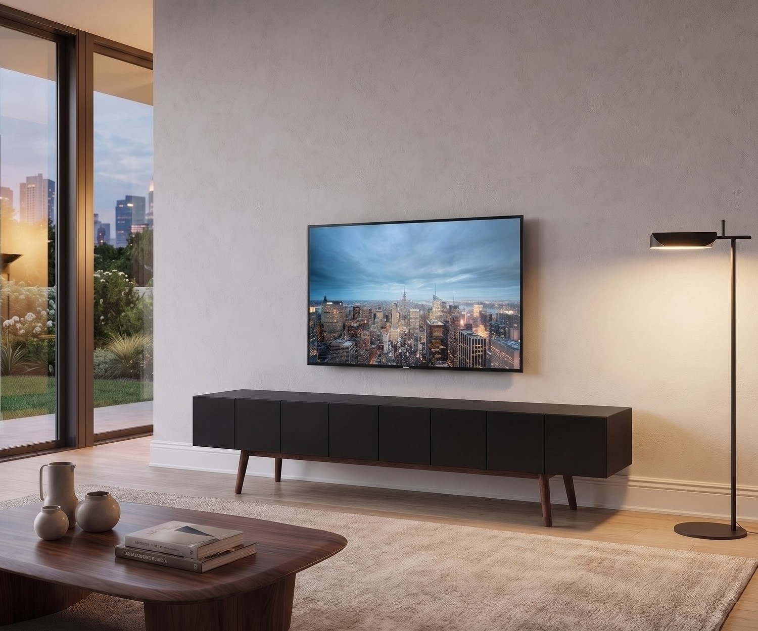 Meuble TV design al2 MOS-I-KO 005 B avec pieds en bois Meuble TV bas al2 MOS-I-KO 005 B pour le salon, laqué noir mat avec pieds en bois, style rétro moderne et élégant.