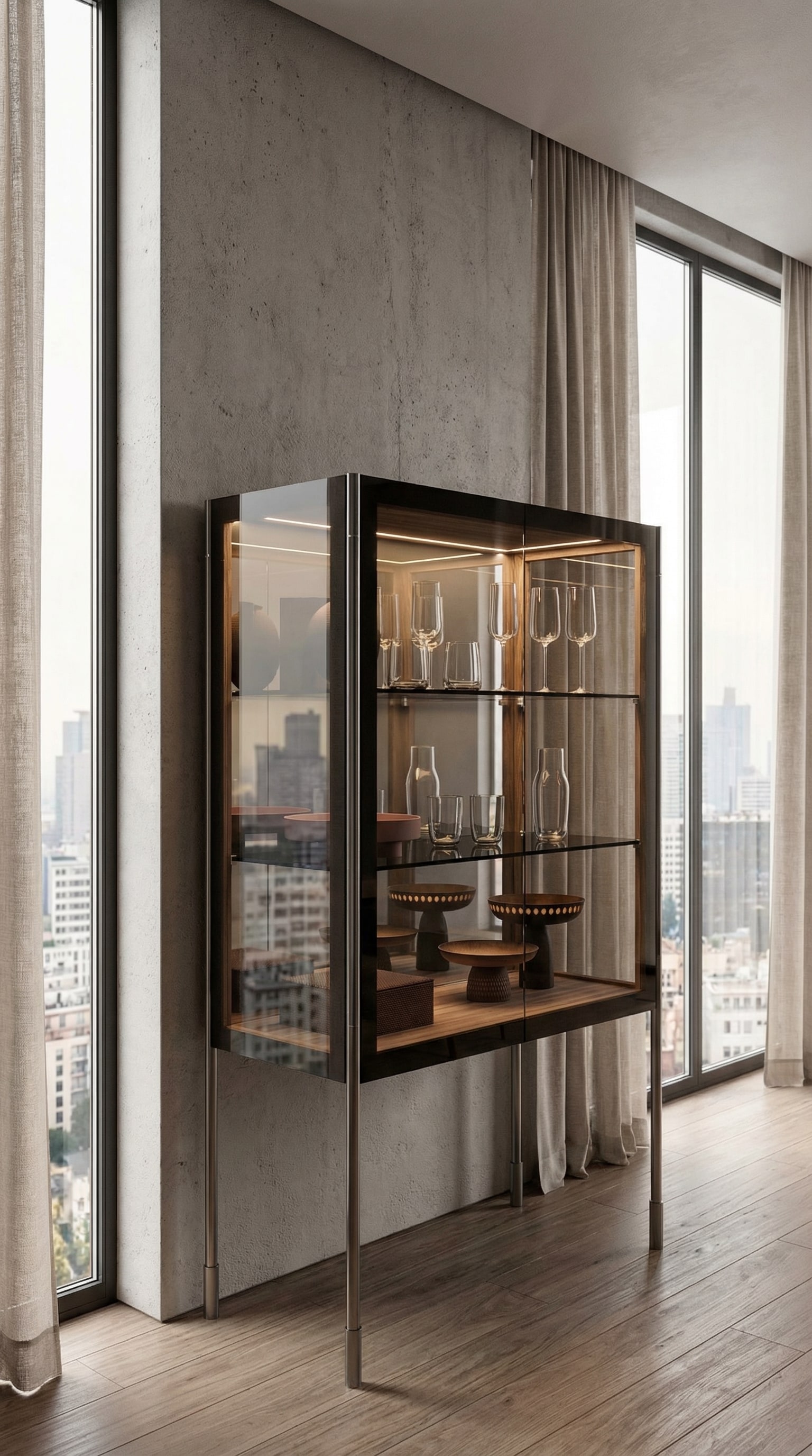Vitrine en verre Capo d´Opera Spin Highboard avec des objets d'art sélectionnés à l'intérieur. Vitrine en verre Capo d´Opera Spin Highboard avec des objets d'art sélectionnés à l'intérieur.