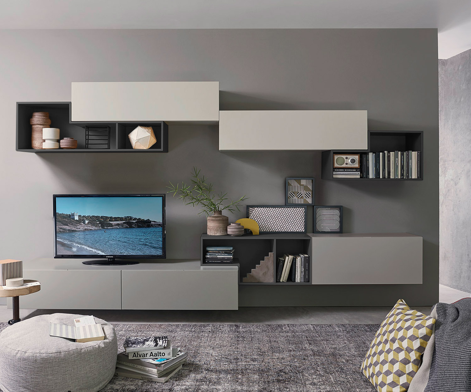 Exclusif Livitalia Tetris Design Meuble-paroi C19 flottant en gris et blanc mat Exclusif Livitalia Tetris Design Meuble-paroi C19 flottant en gris et blanc mat