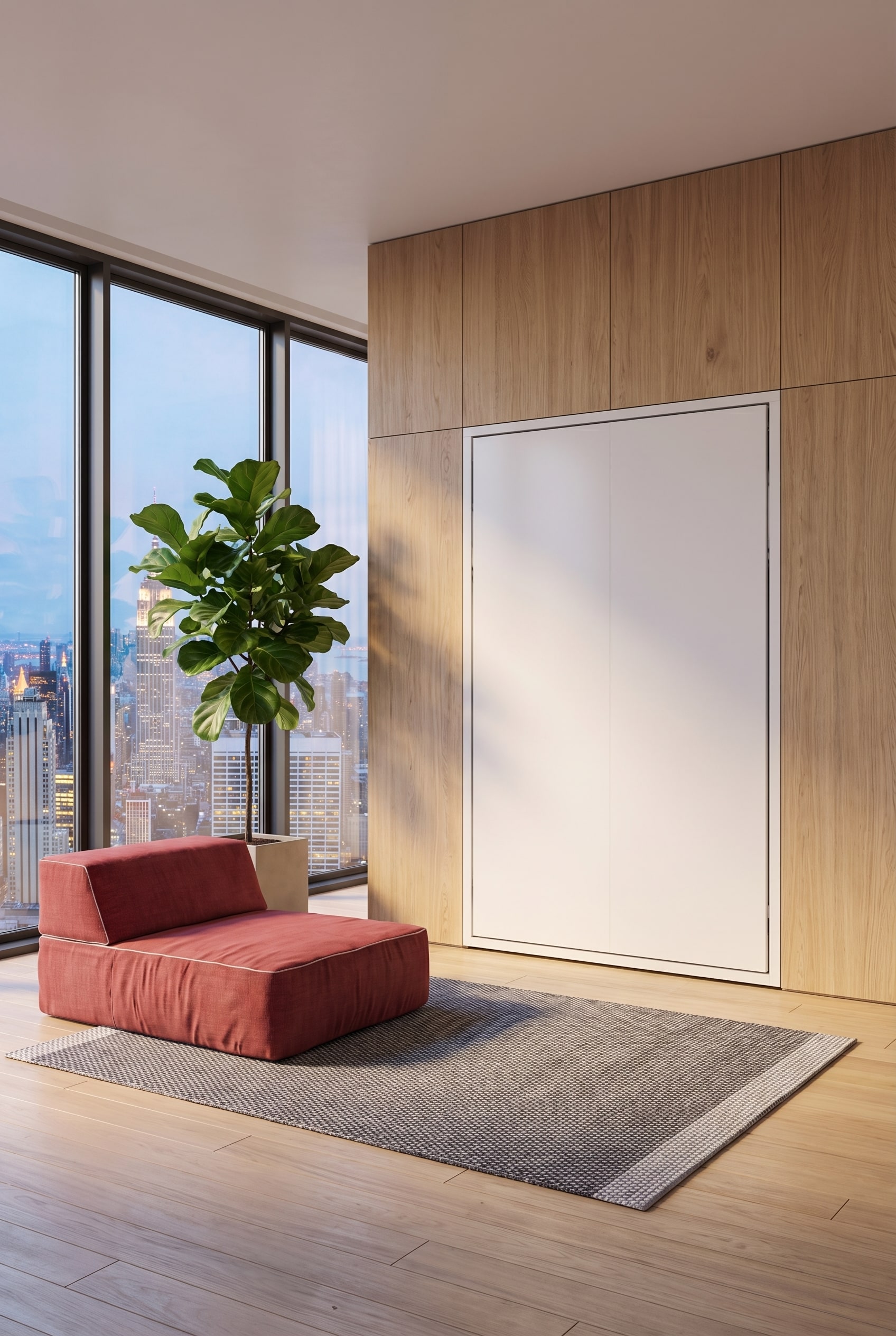 Espace minimaliste avec un lit armoire enti&egrave;rement int&eacute;gr&eacute; et affleurant, qui ressemble &agrave; un luxueux rev&ecirc;tement mural.