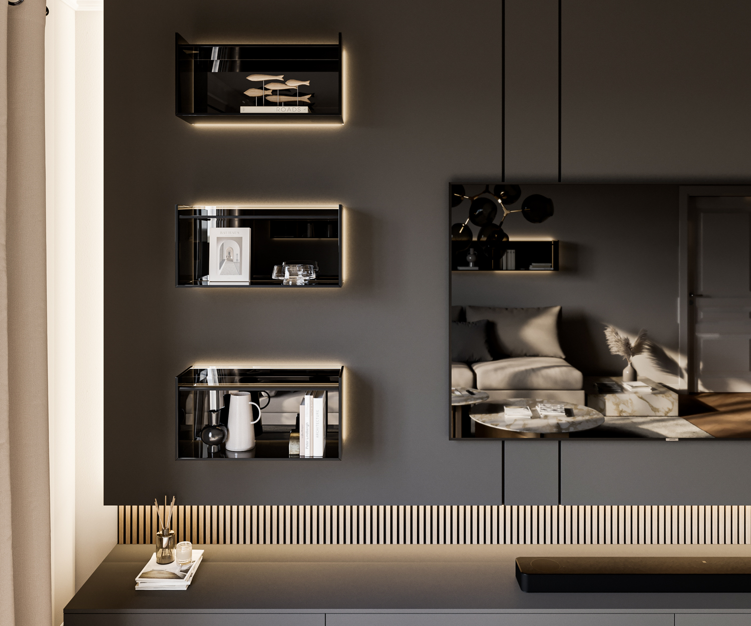 Etagère en verre éclairée de Livitalia avec trois compartiments superposés Lowboard design avec TV