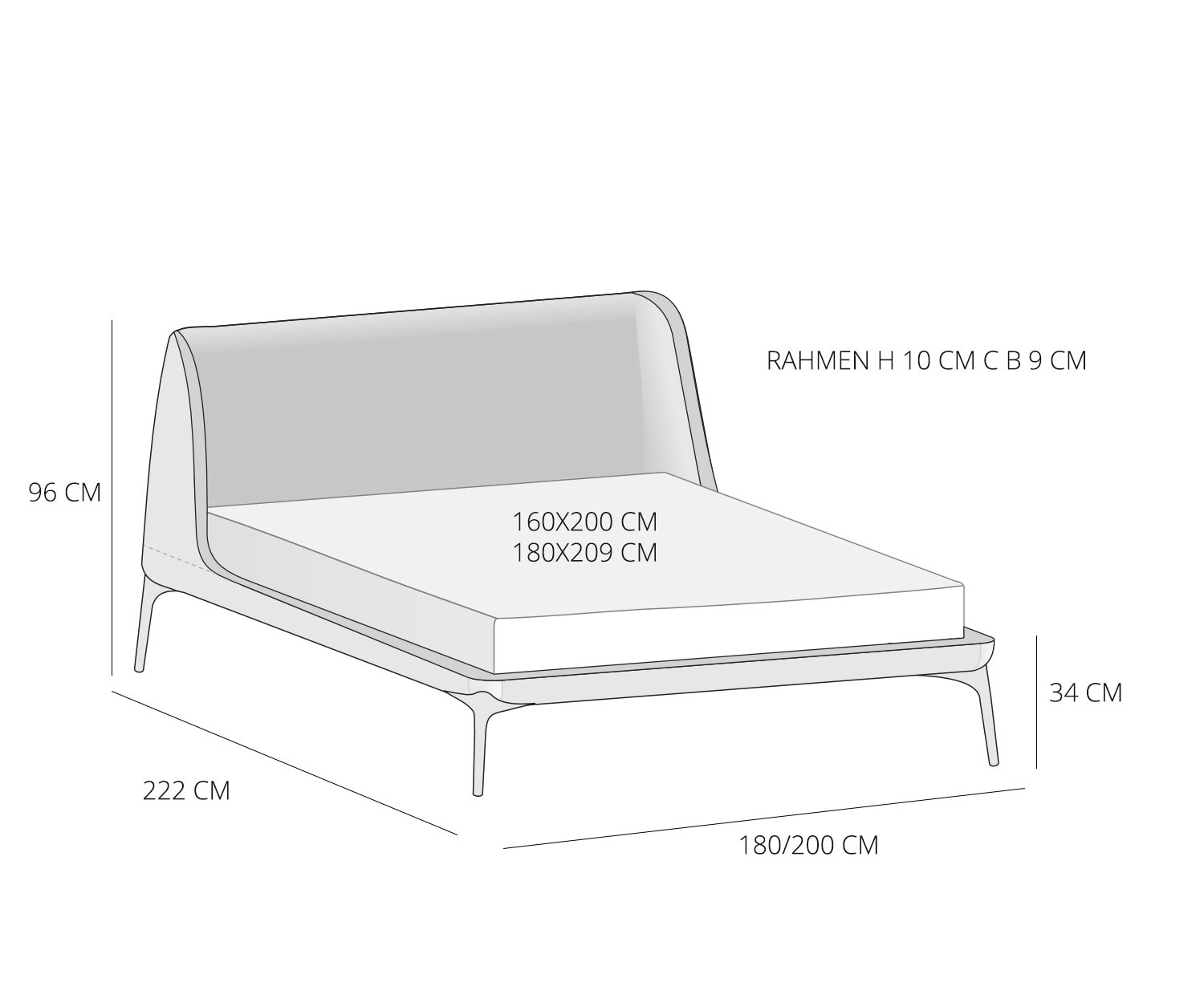 Chambre à coucher Lit Velvet de Novamobili Esquisse Dimensions Dimensions