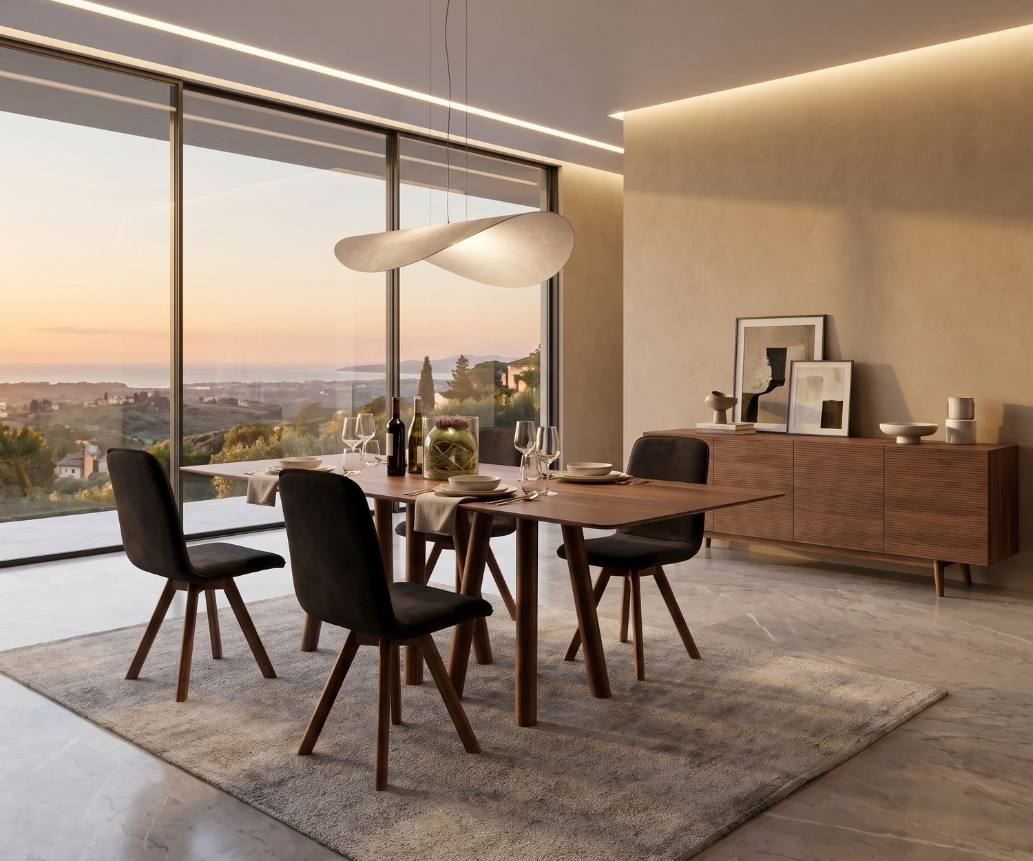 Table de salle à manger al2 mos-i-ko 001 a en bois, style moderne avec chaises foncées et vue panoramique.