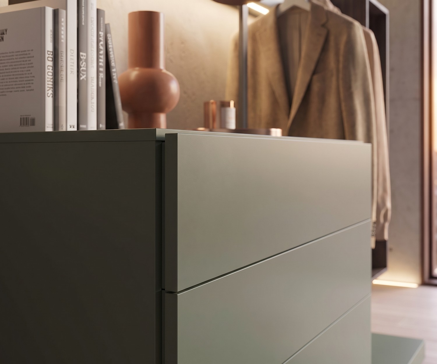 Commode Design Novamobili Easy 4 avec Penderie Commode design Novamobili Easy 4 avec penderie en vert pour chambre, détail des tiroirs mats au style moderne.