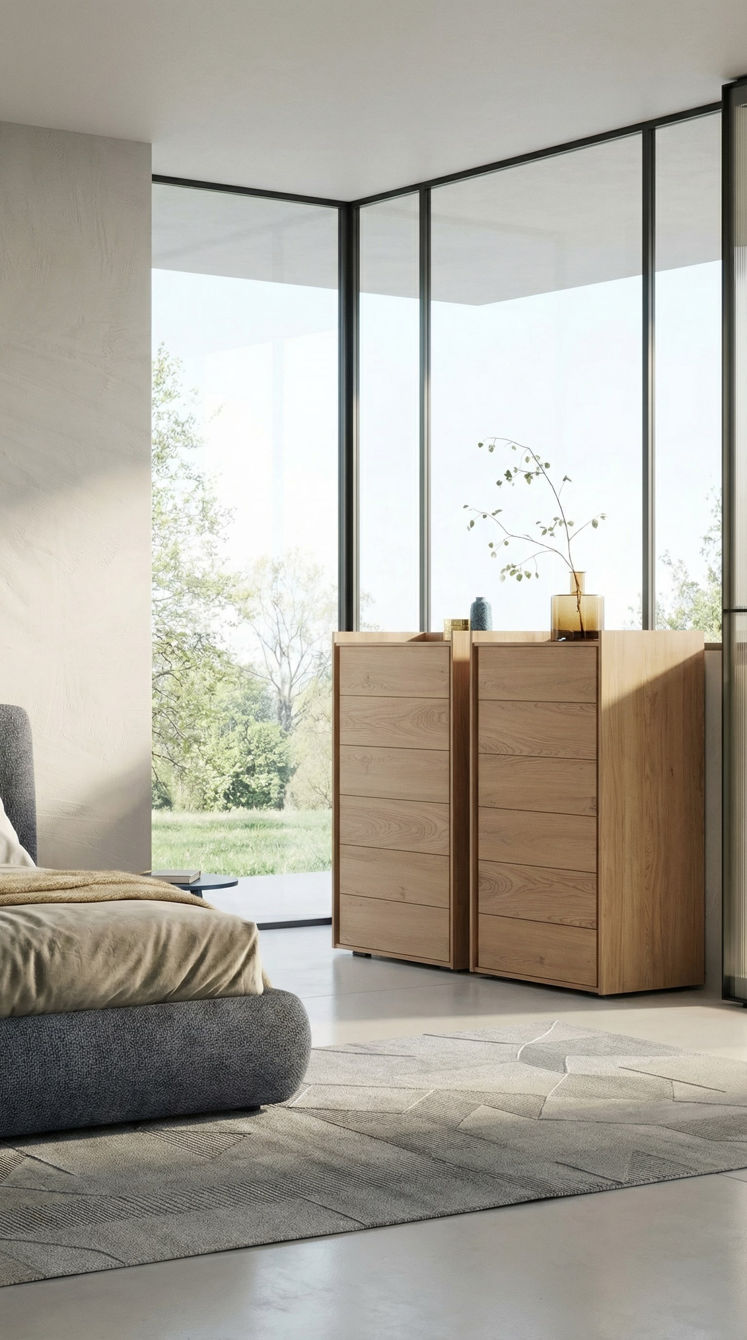 Commode haute lumineuse en bois de chêne dans une chambre à coucher au design moderne Commode haute lumineuse en bois de chêne dans une chambre à coucher au design moderne