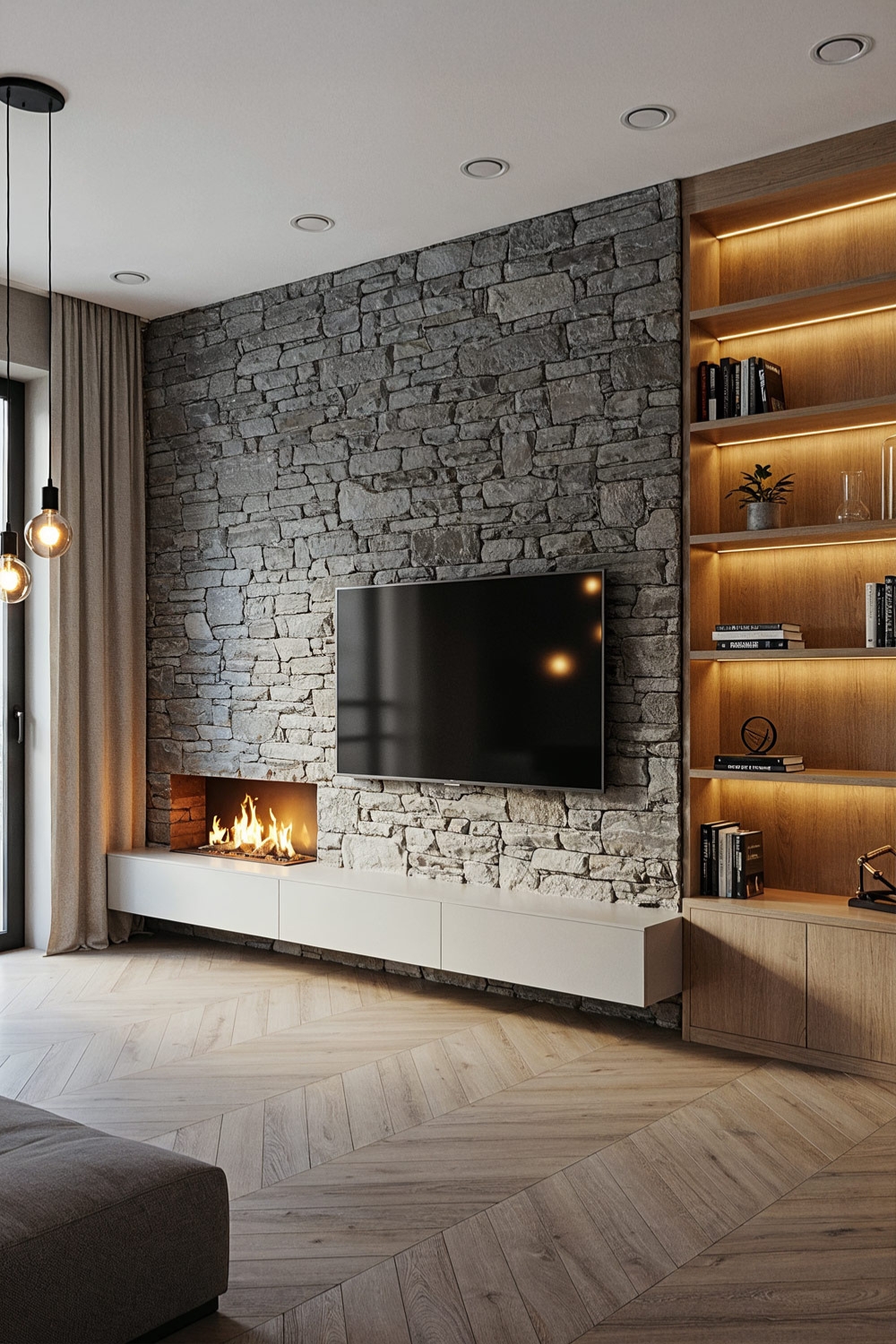 salon moderne avec &eacute;l&eacute;ments en bois et meuble TV aspect pierre, chemin&eacute;e &eacute;lectrique et TV inclus