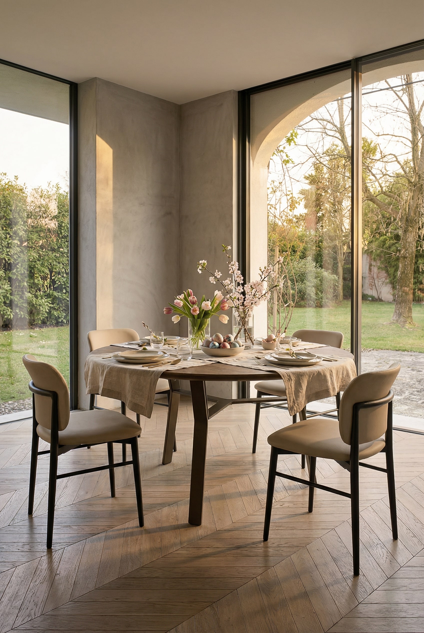 Table à manger Livitalia Iron avec plateau en bois massif et piètement métallique filigrane dans une salle à manger moderne Table à manger Livitalia Iron avec plateau en bois massif et piètement métallique filigrane dans une salle à manger moderne