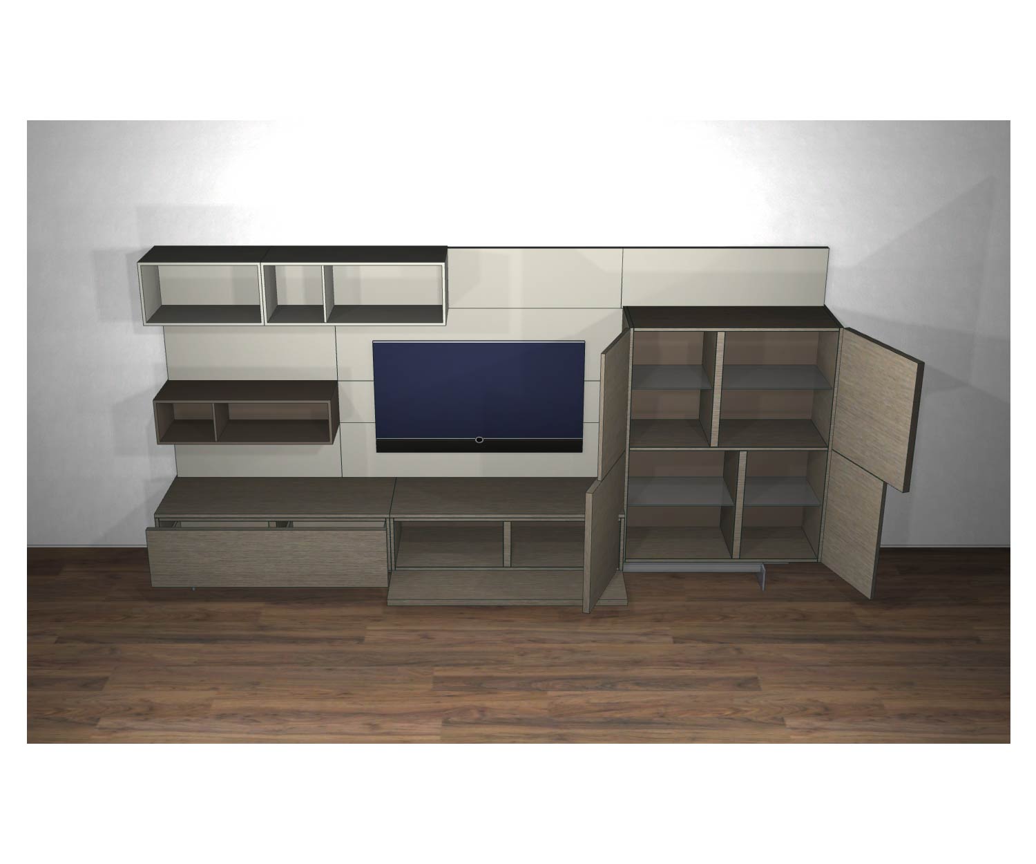 Livitalia Meuble-paroi design C34 avec portes ouvertes et éléments ouverts