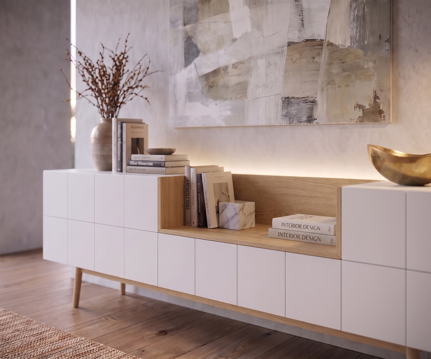 Buffet al2 MOS-I-KO 003 A pour le salon, en laque mate blanche et bois de chêne au style rétro moderne.