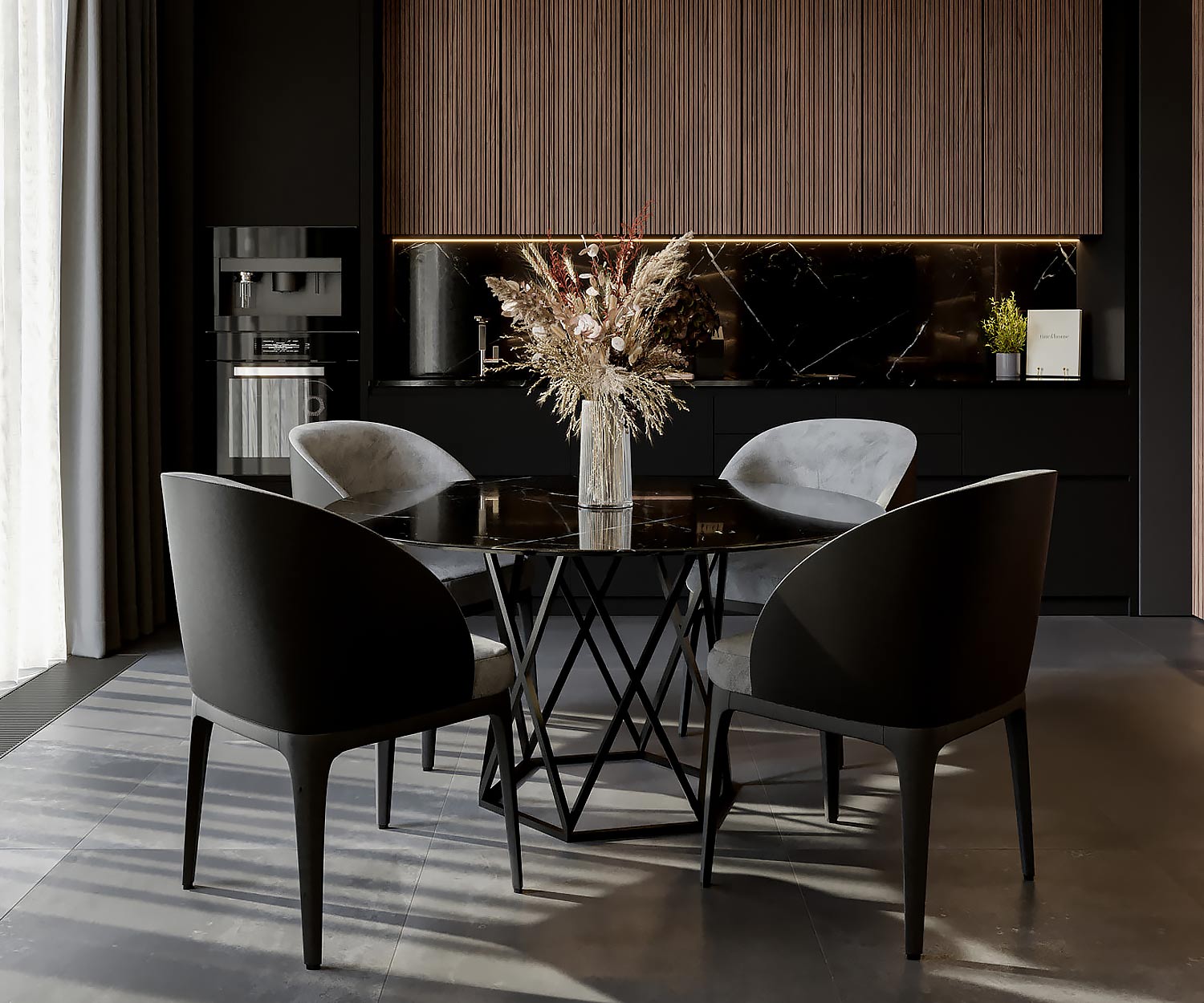 Black Black Marble Table à manger ronde avec chaise en velours