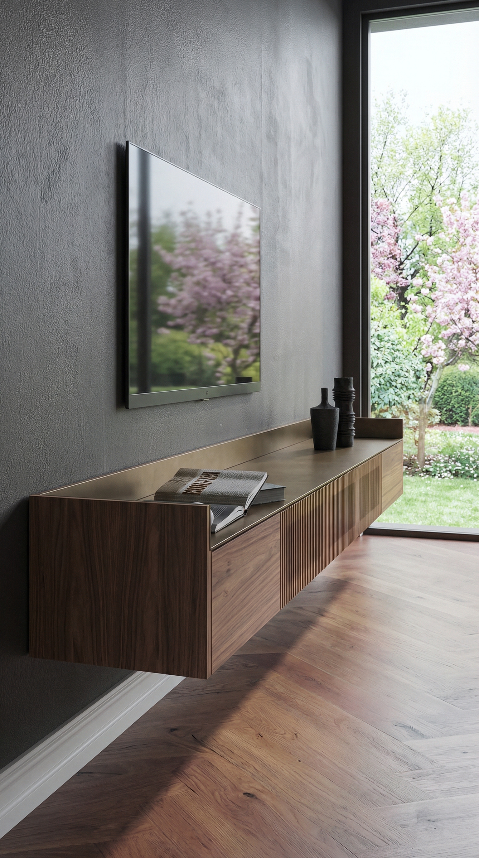 Punt Stockholm Slim Sideboard suspendu en noyer avec couvercle en bronze dans une ambiance moderne Punt Stockholm Slim Sideboard suspendu en noyer avec couvercle en bronze dans une ambiance moderne