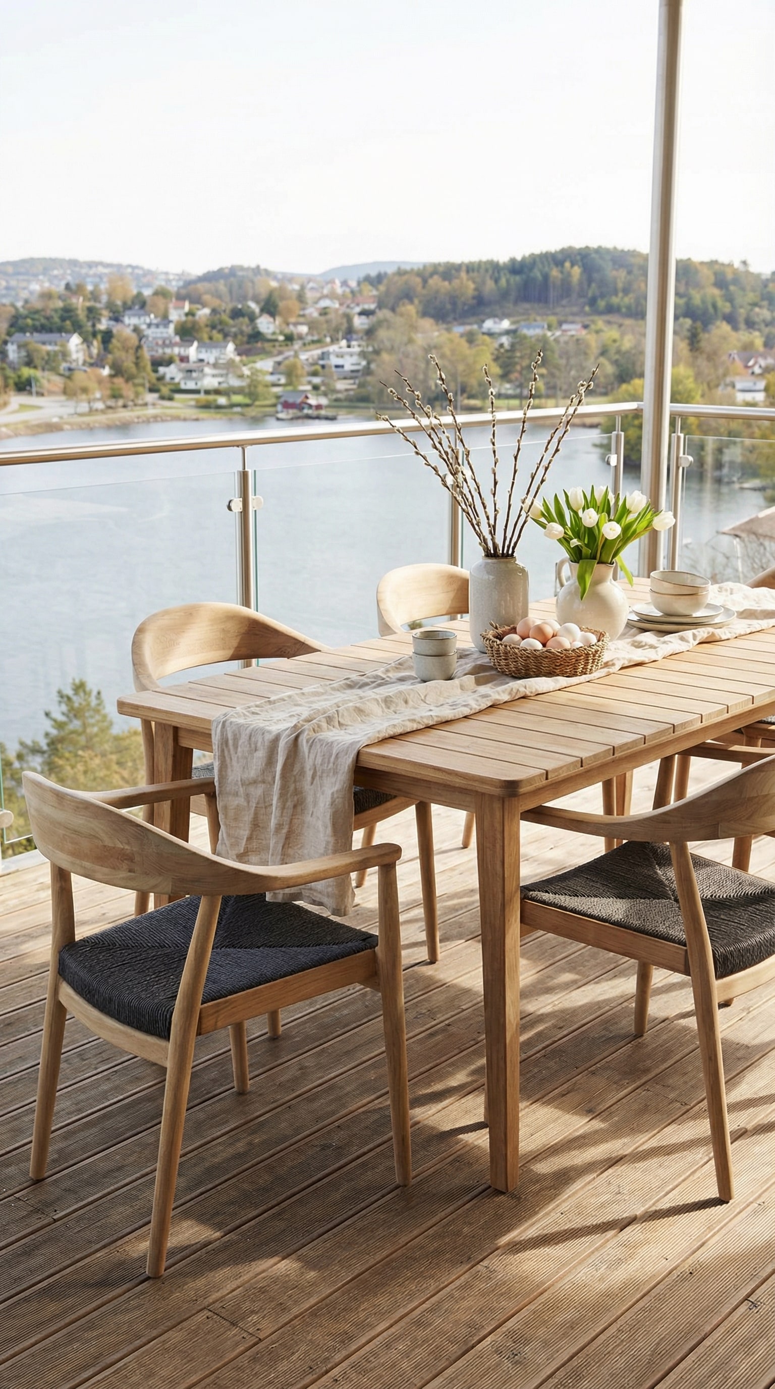 Table de jardin scandinave en bois massif sur une terrasse Table de jardin scandinave en bois massif sur une terrasse