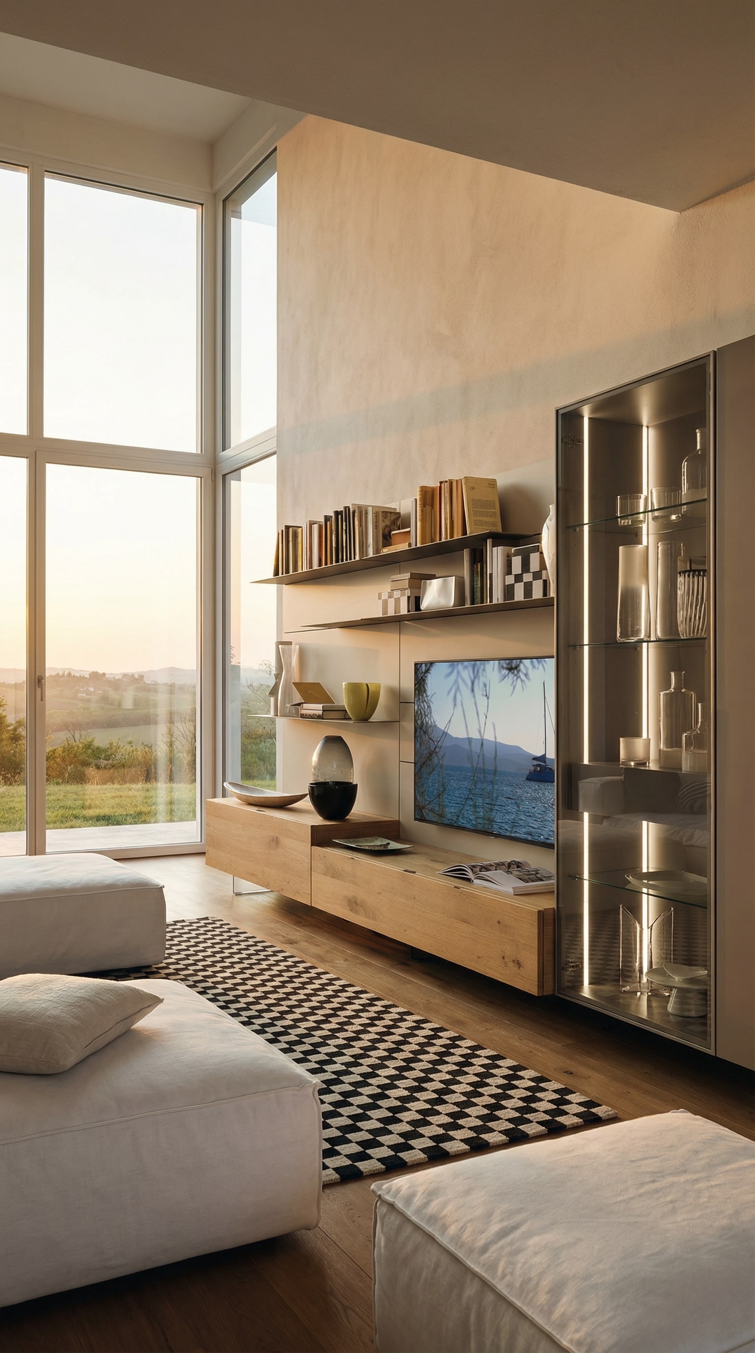 Vitrine en verre fum&eacute; &eacute;clair&eacute;e int&eacute;gr&eacute;e dans un meuble TV moderne