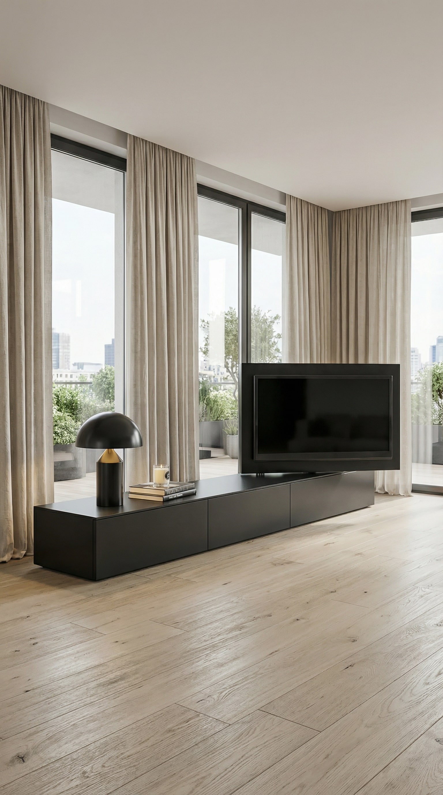 Meuble TV bas Livitalia Vision noir avec panneau TV pivotant dans un loft moderne Meuble TV bas Livitalia Vision noir avec panneau TV pivotant dans un loft moderne