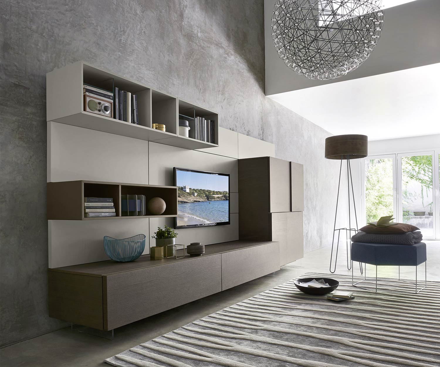 Exclusif Livitalia Meuble-paroi design C34 avec highboard en chêne plaqué Exclusif Livitalia Meuble-paroi design C34 avec highboard en chêne plaqué
