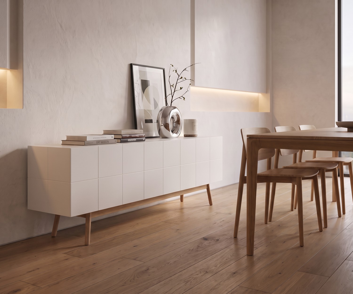Buffet design blanc MOS-I-KO 003 B avec pieds en bois Buffet design al2 MOS-I-KO 003 B dans une entrée chic. Meuble blanc laqué à effet de carreaux avec pieds en bois massif.