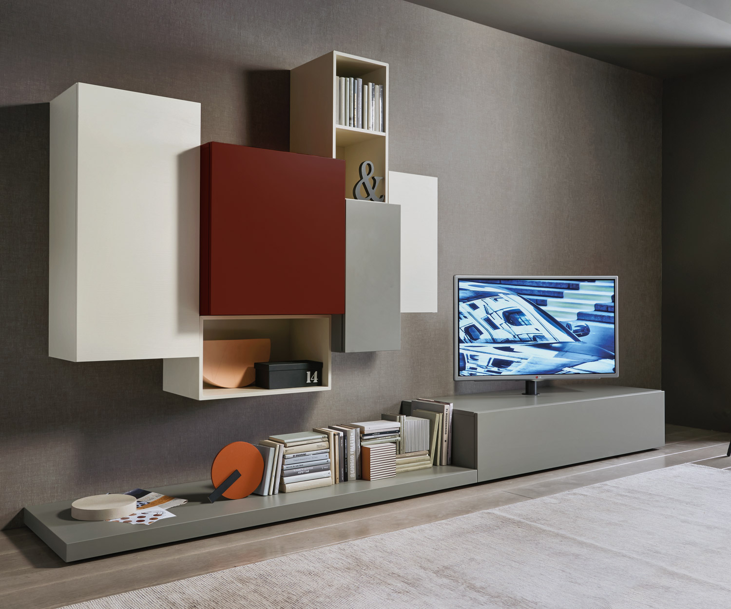 Meuble-paroi design minimaliste C49 avec armoires suspendues et lowboard design plus support TV Meuble-paroi design minimaliste C49 avec armoires suspendues et lowboard design plus support TV