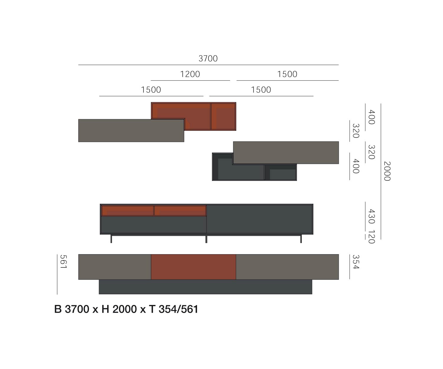 Livitalia Meuble-paroi design C21 Dimensions Esquisse Dimensions