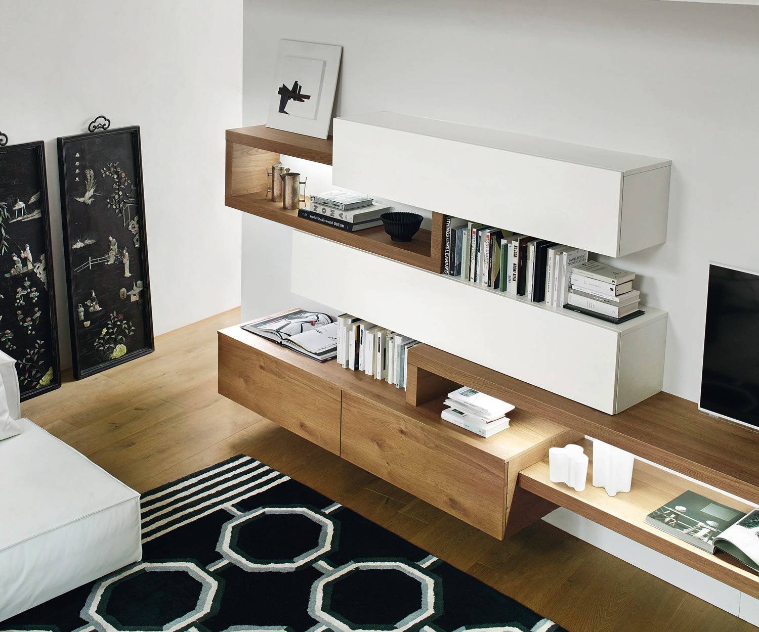 Meuble-paroi design flottant Livitalia C25 avec buffet bas design en placage chêne Meuble-paroi design flottant Livitalia C25 avec buffet bas design en placage chêne
