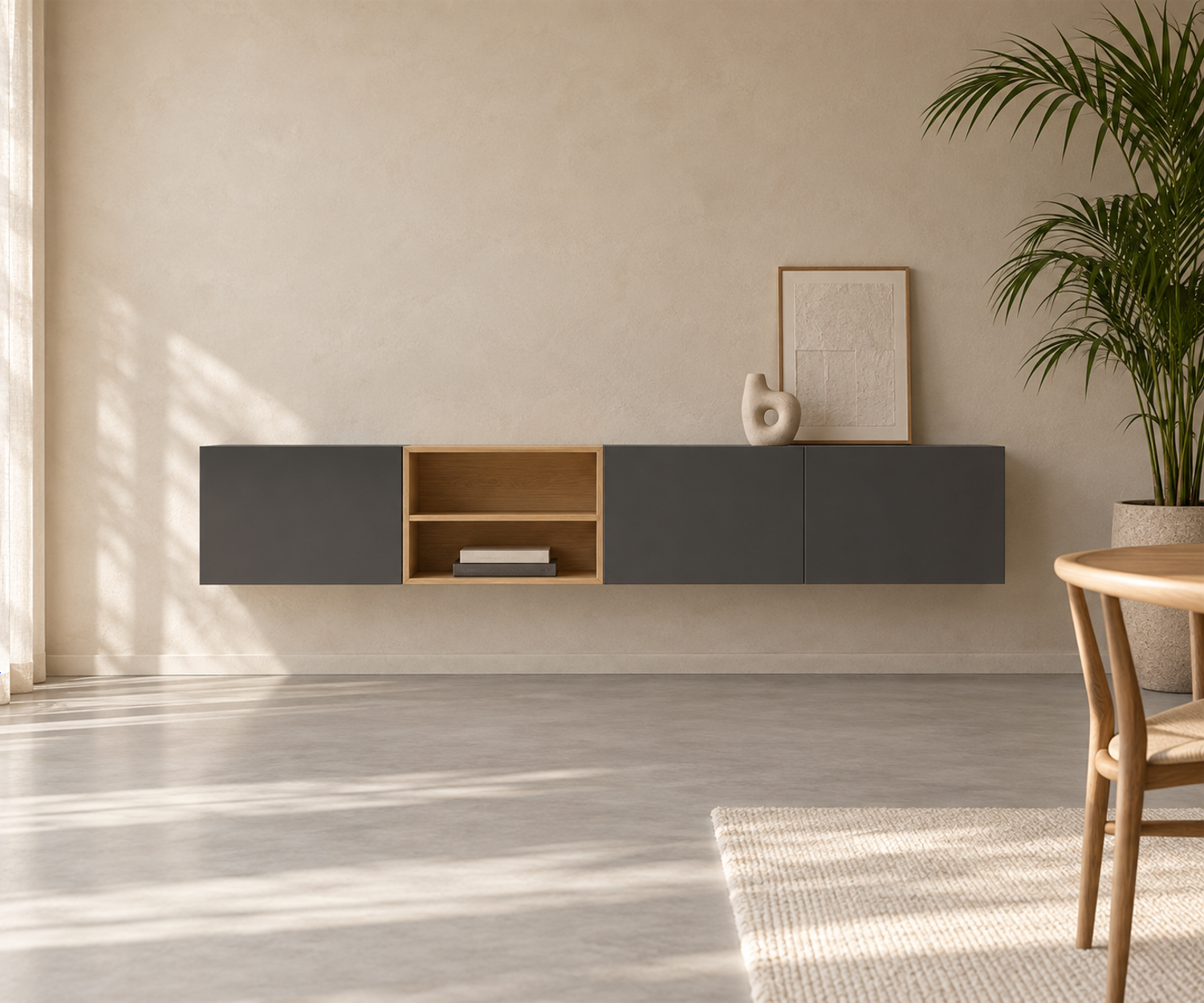 Livitalia Box 18 Buffet suspendu 240 cm – Gris foncé mat + Chêne clair
