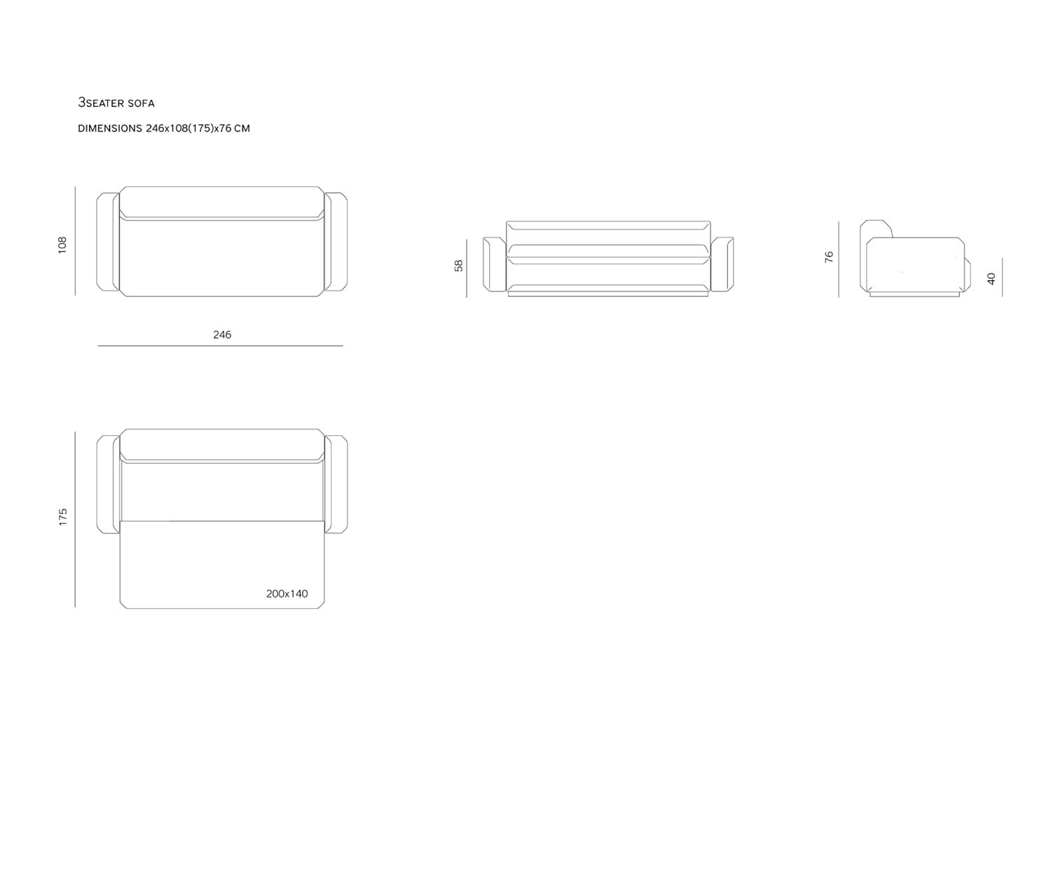 Prostoria Canapé-lit design Fade 3 places Dimensions de l'esquisse Prostoria Canapé-lit design Fade 3 places Dimensions de l'esquisse