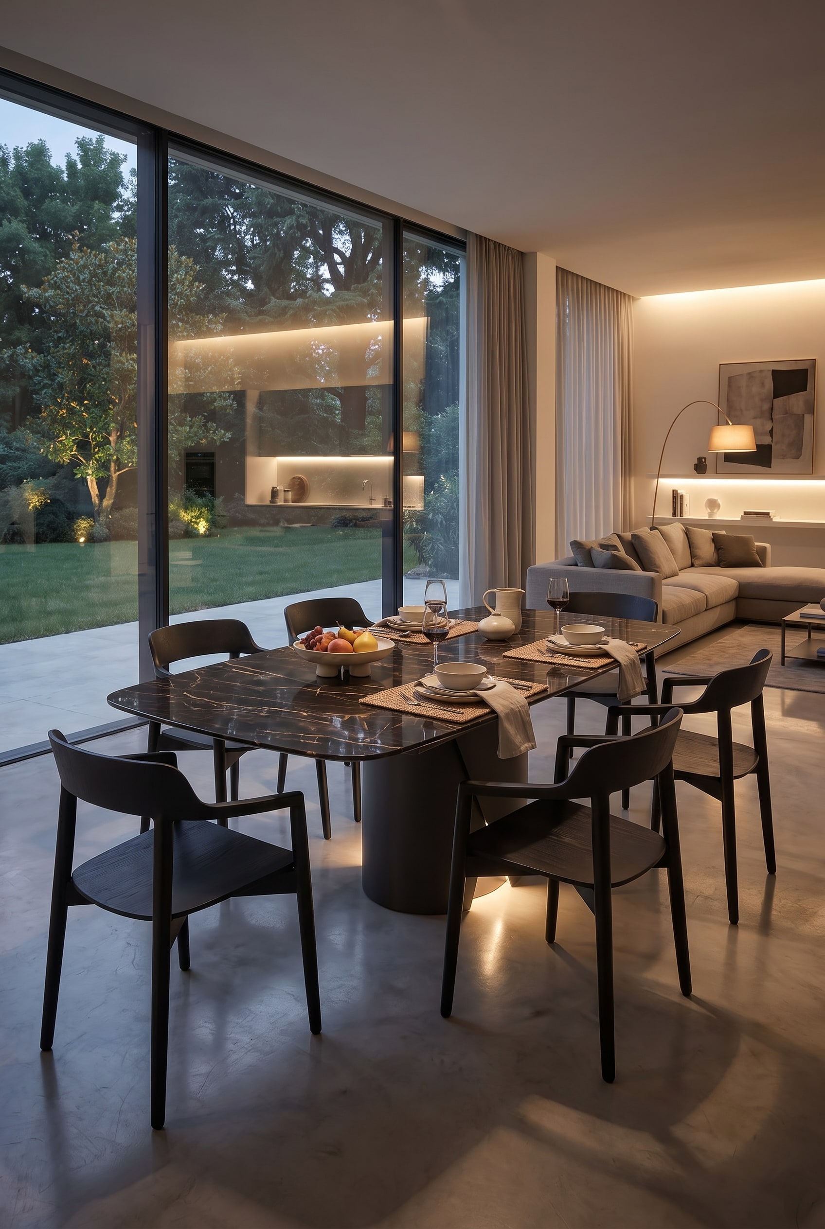 Modernes Esszimmer mit Keramik-Esstisch in Marmoroptik