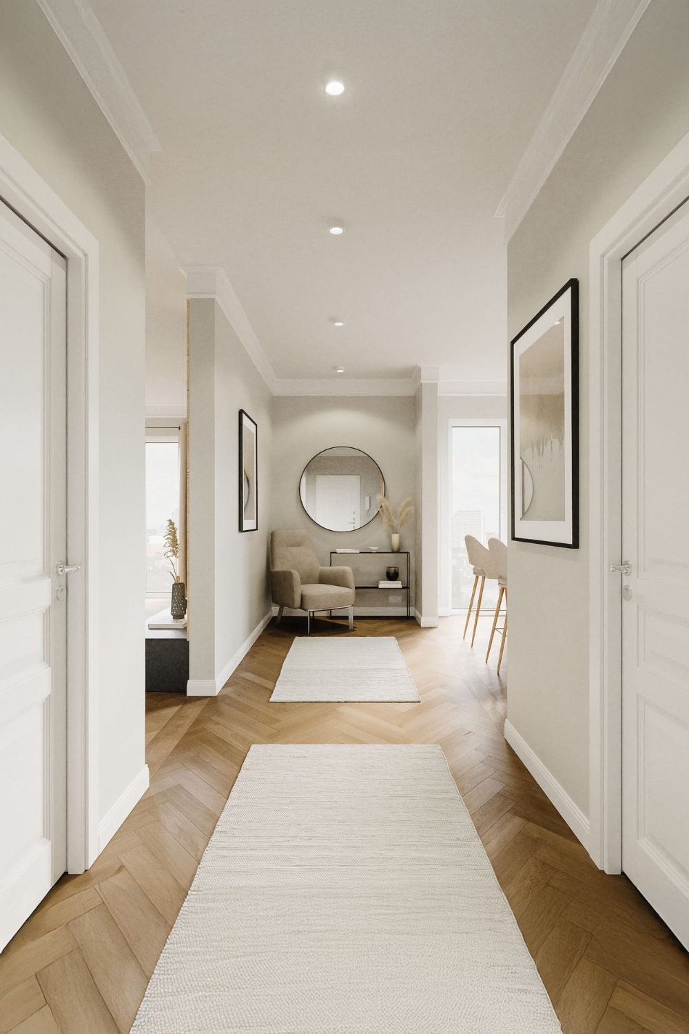 long couloir lumineux avec console élégante, miroir rond et fauteuil rembourré