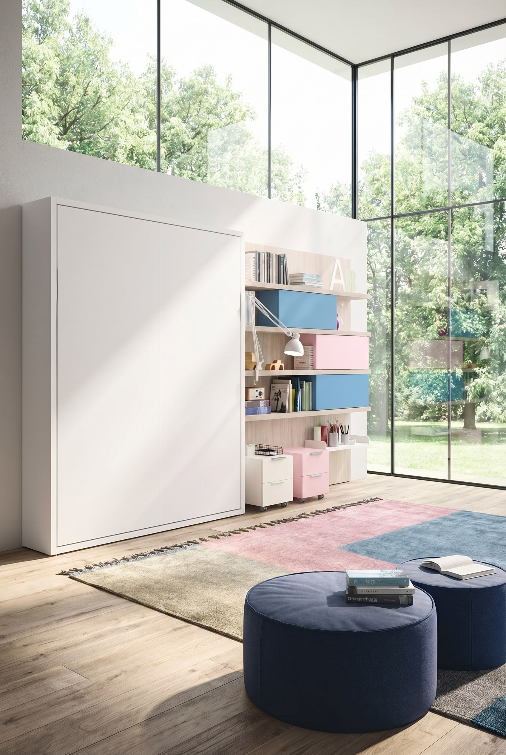 Une chambre d'enfant lumineuse avec un lit superpos&eacute; escamotable peu encombrant, de grandes fen&ecirc;tres et beaucoup d'espace de jeu libre.