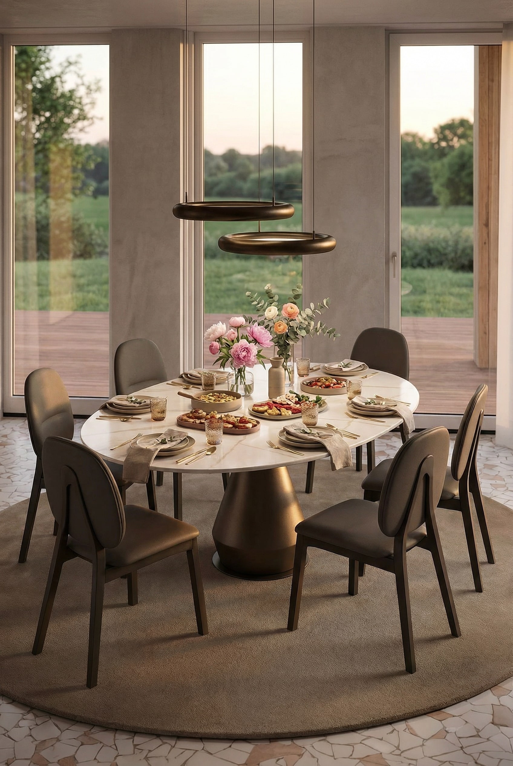 Table à manger ronde extensible Ozzio Lycos avec des chaises élégantes Table à manger ronde extensible Ozzio Lycos avec des chaises élégantes