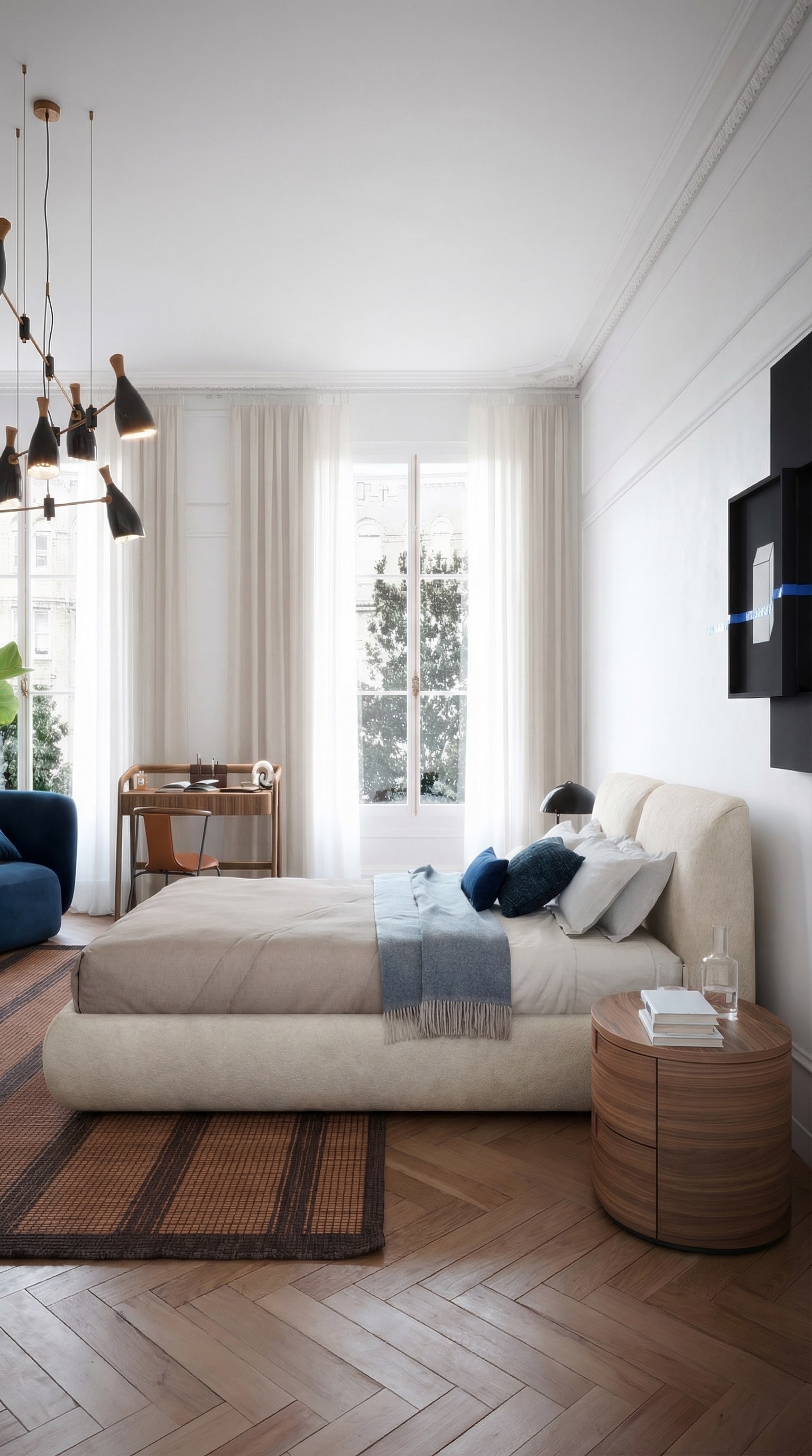 Novamobili Polsterbett Midnight avec des contours doux dans une chambre lumineuse
