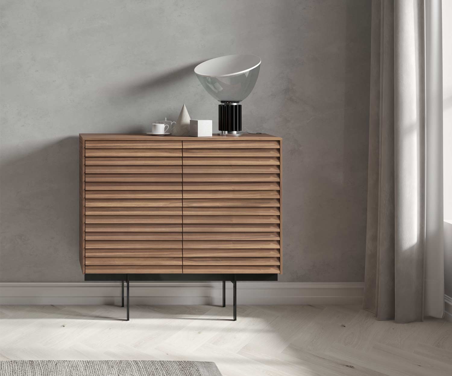 Configurateur design haut de gamme avec deux modules en tant que highboard en noyer