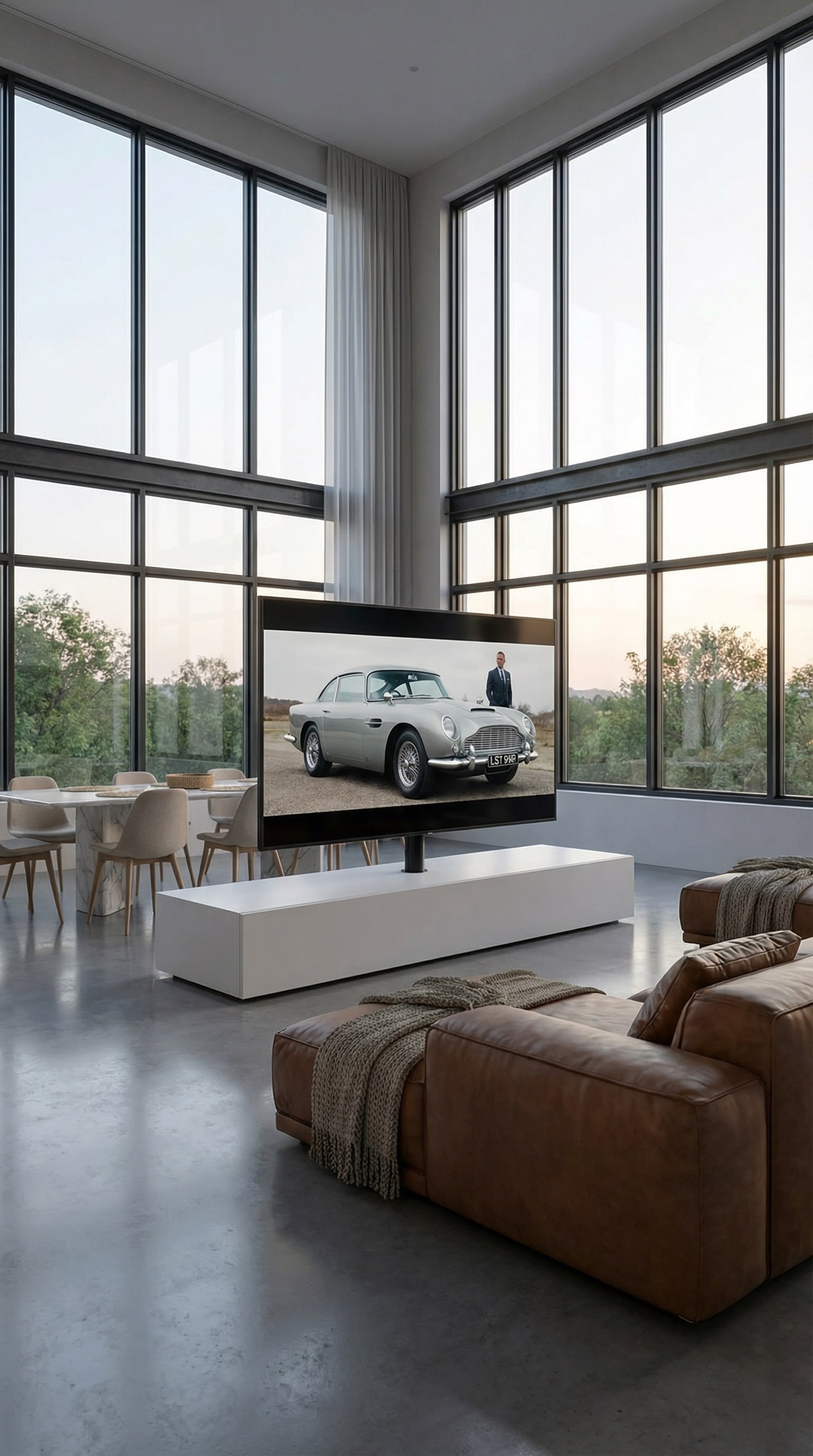 Séparateur de pièce TV autoportant noir Livitalia Roto Slim dans un grand loft avec baies vitrées Séparateur de pièce TV autoportant noir Livitalia Roto Slim dans un grand loft avec baies vitrées