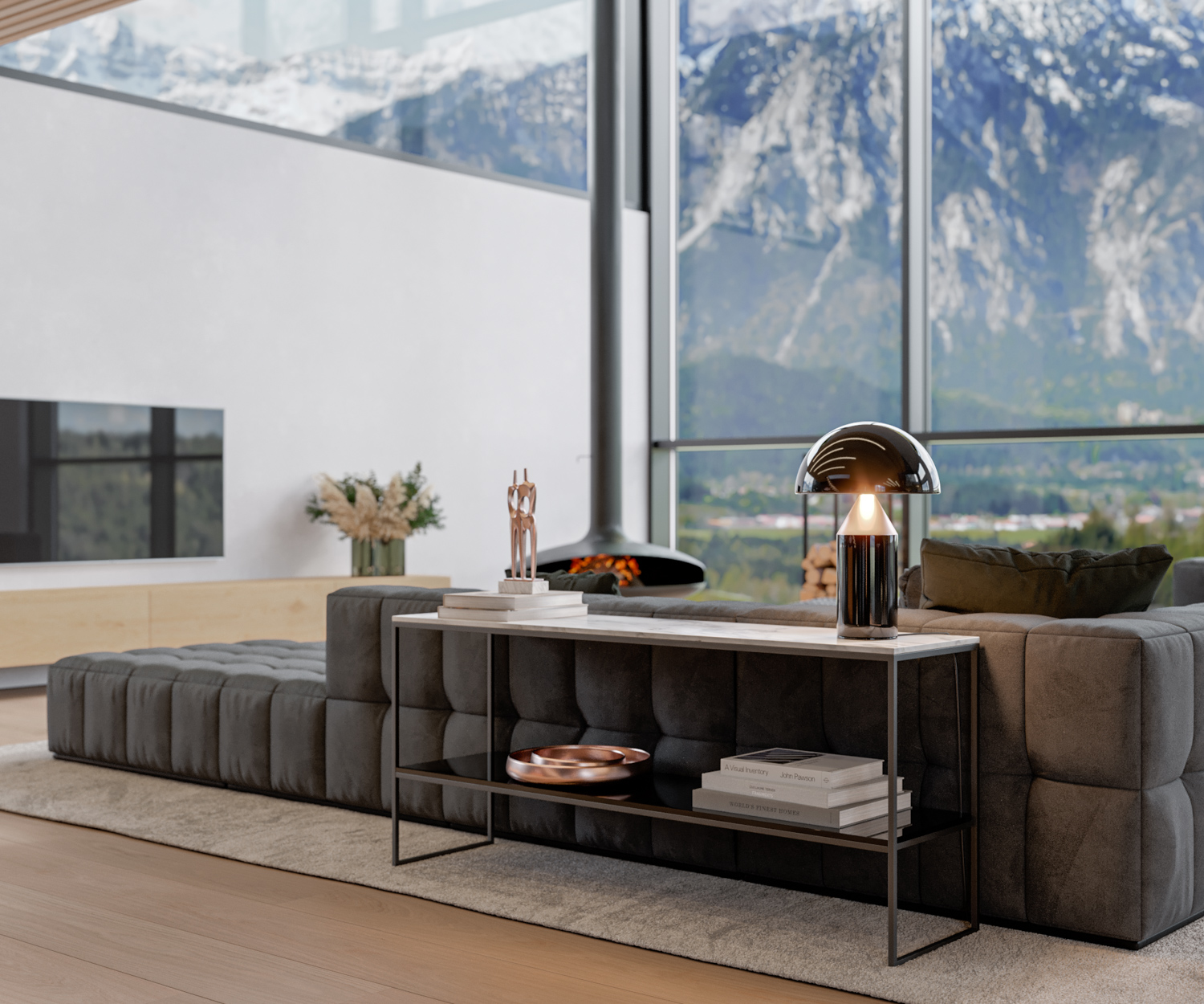 Table console étroite derrière canapé en marbre